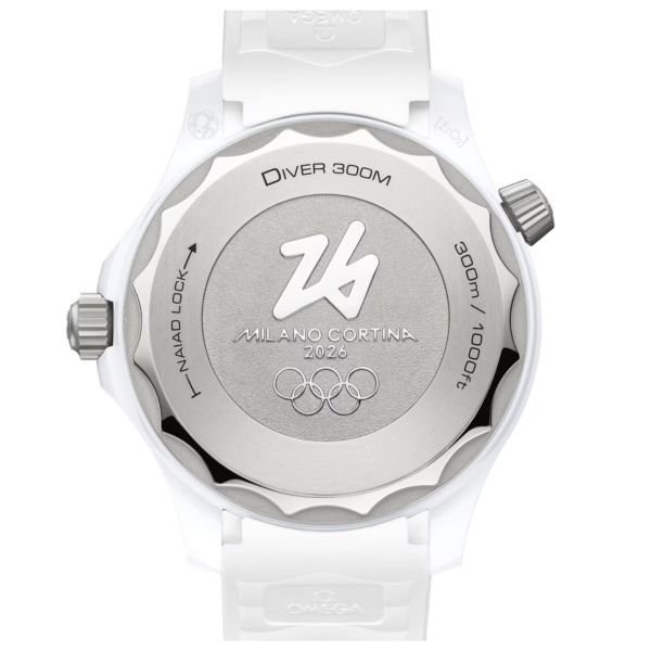 Montre Omega Seamaster Diver 300m Co-Axial Master Chronometer cadran blanc "Milano Cortina 2026" bracelet caoutchouc 43,5 mm