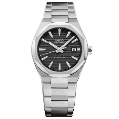 Mido Multifort 8 One Crown automatic watch with black dial and steel bracelet, 40 mm