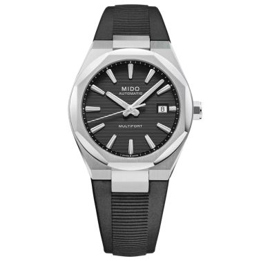Mido Multifort 8 One Crown automatic watch with black dial and black rubber strap, 40 mm