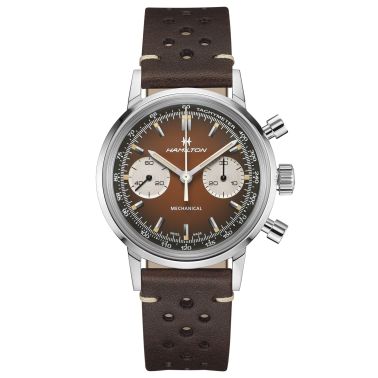 Montre Hamilton American Classic Intra-matic Chronographe H Coffret Spécial auto cadran marron bracelets cuir marron acier 40 mm
