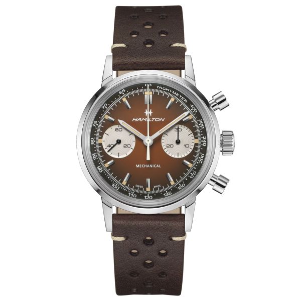 Montre Hamilton American Classic Intra-matic Chronographe H Coffret Spécial auto cadran marron bracelets cuir marron acier 40 mm
