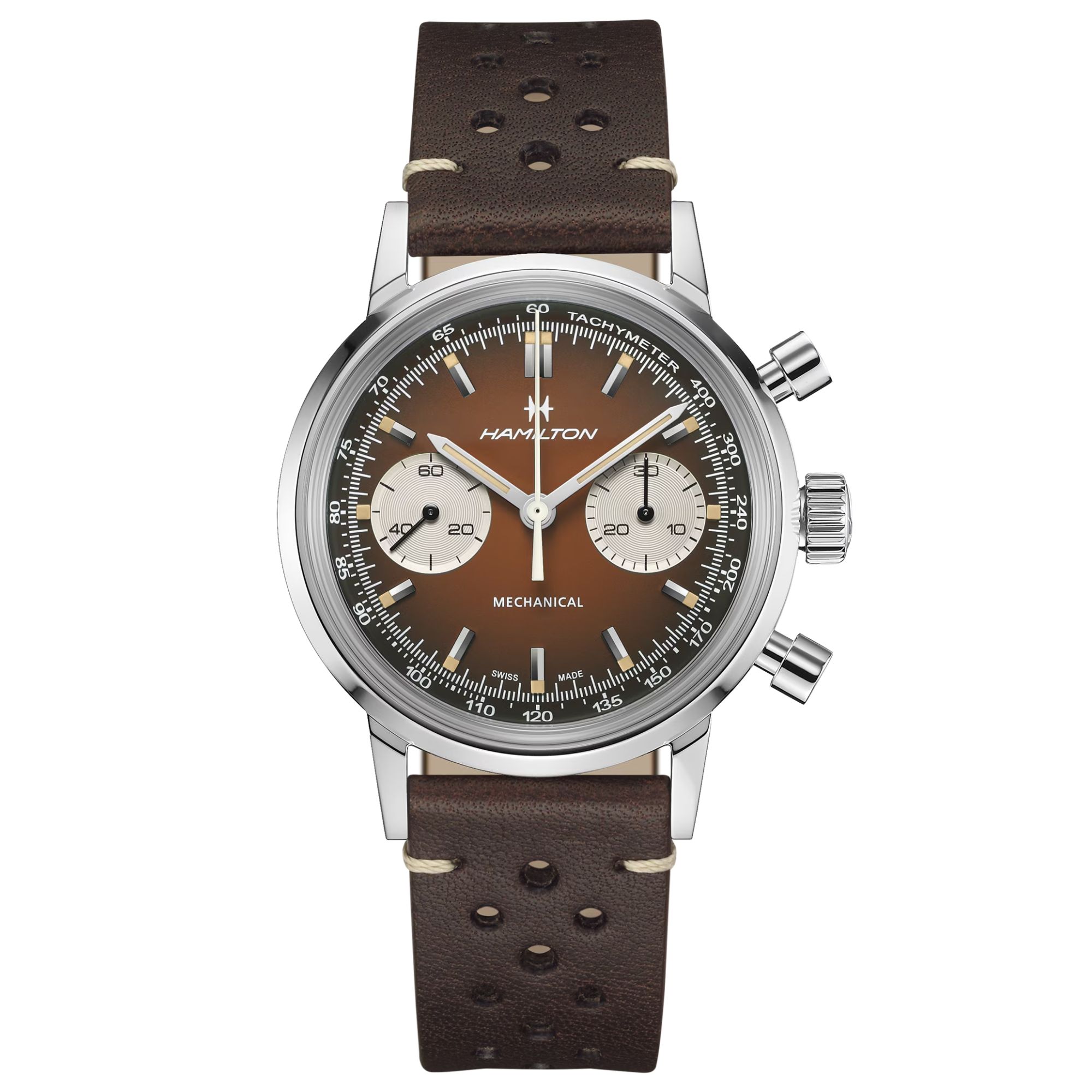 Montre Hamilton American Classic Intra-matic Chronographe H Coffret Spécial auto cadran marron bracelets cuir marron acier 40 mm