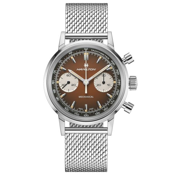 Montre Hamilton American Classic Intra-matic Chronographe H Coffret Spécial auto cadran marron bracelets cuir marron acier 40 mm