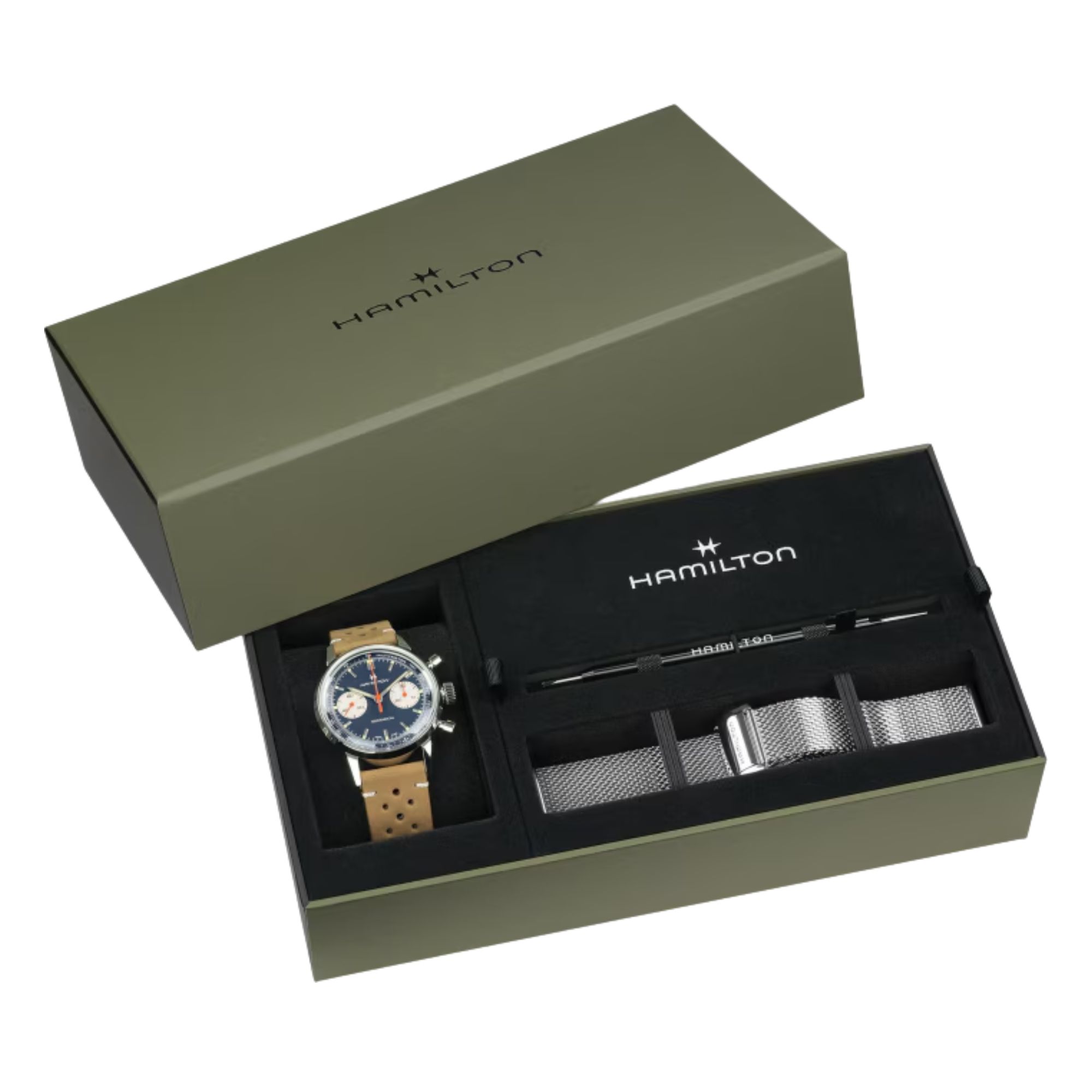 Montre Hamilton American Classic Intra-matic Chronographe H Coffret Spécial auto cadran bleu bracelets cuir marron acier 40 mm