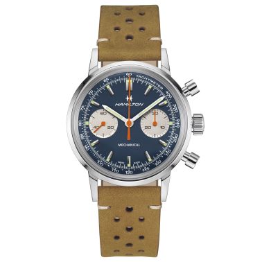 Montre Hamilton American Classic Intra-matic Chronographe H Coffret Spécial auto cadran bleu bracelets cuir marron acier 40 mm