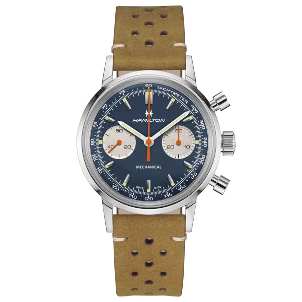 Montre Hamilton American Classic Intra-matic Chronographe H Coffret Spécial auto cadran bleu bracelets cuir marron acier 40 mm