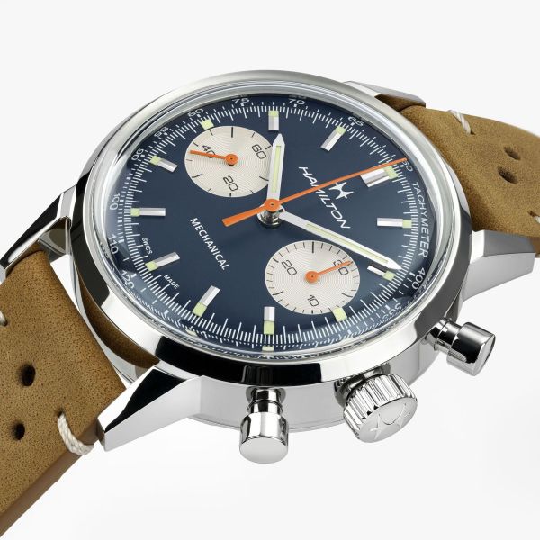 Montre Hamilton American Classic Intra-matic Chronographe H Coffret Spécial auto cadran bleu bracelets cuir marron acier 40 mm