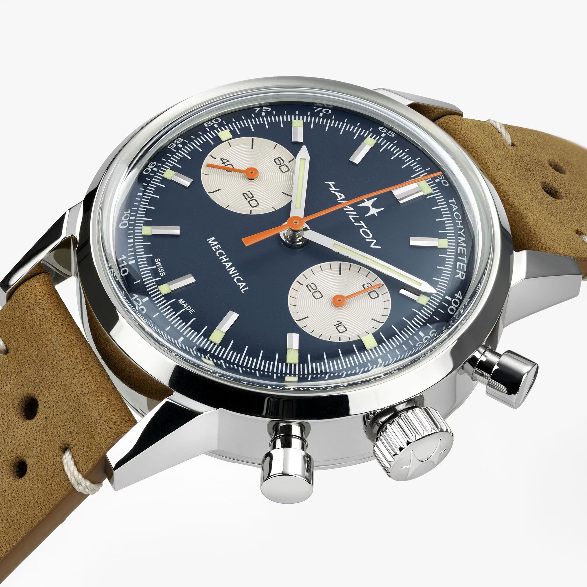 Montre Hamilton American Classic Intra-matic Chronographe H Coffret Spécial auto cadran bleu bracelets cuir marron acier 40 mm