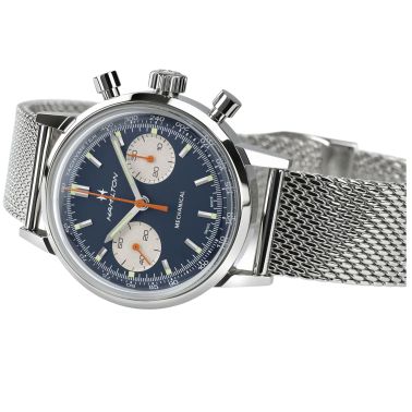 Montre Hamilton American Classic Intra-matic Chronographe H Coffret Spécial auto cadran bleu bracelets cuir marron acier 40 mm