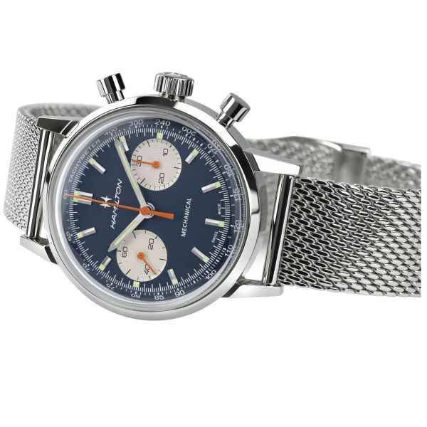 Montre Hamilton American Classic Intra-matic Chronographe H Coffret Spécial auto cadran bleu bracelets cuir marron acier 40 mm