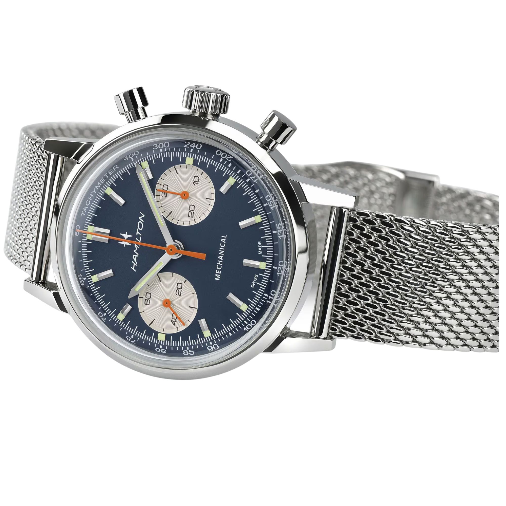 Montre Hamilton American Classic Intra-matic Chronographe H Coffret Spécial auto cadran bleu bracelets cuir marron acier 40 mm