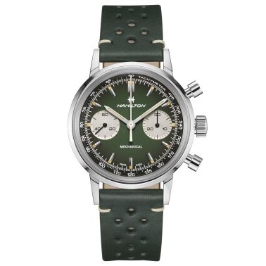 Montre Hamilton American Classic Intra-matic Chronographe H Coffret Spécial auto cadran vert bracelets cuir vert et acier 40 mm