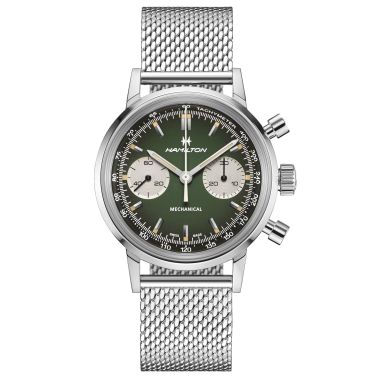Montre Hamilton American Classic Intra-matic Chronographe H Coffret Spécial auto cadran vert bracelets cuir vert et acier 40 mm
