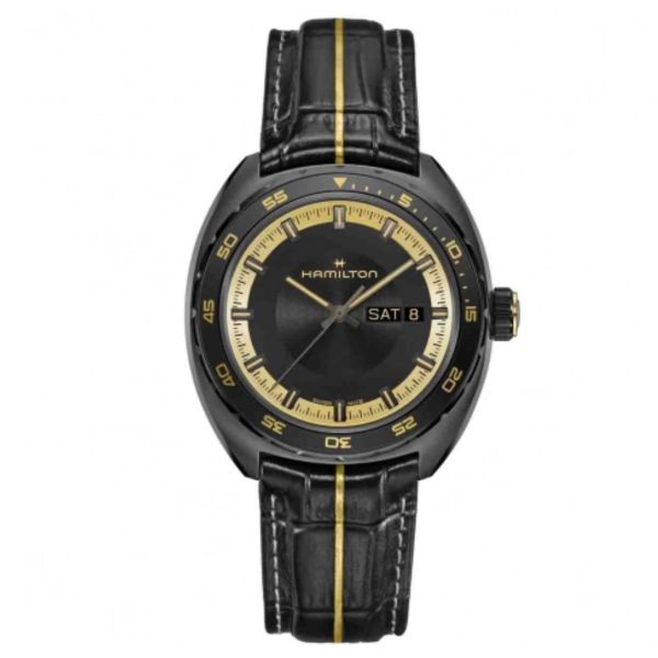 Hamilton American Classic Pan Europ Day Date x Resident Evil Automatic Watch with Black Dial and Black Leather Strap, 42 mm