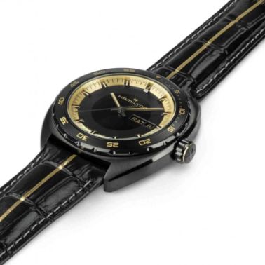 Montre Hamilton American Classic Pan Europ Day Date x Resident Evil automatique cadran noir bracelet cuir noir 42 mm