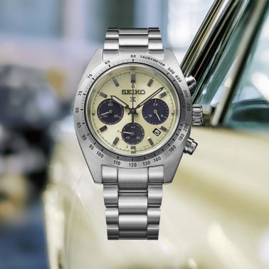 Seiko Prospex Speedtimer "European Limited Edition" quartz solar beige dial steel and leather bracelets 39 mm