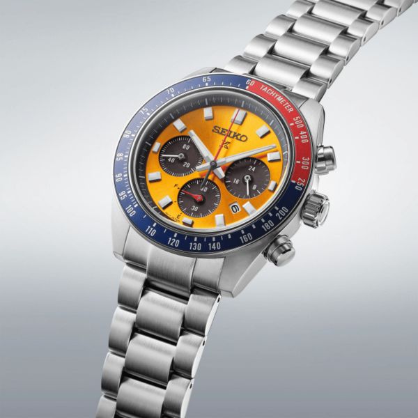 Seiko Prospex SpeedTimer "Pogue" quartz Solar yellow dial steel bracelet 41,4 mm