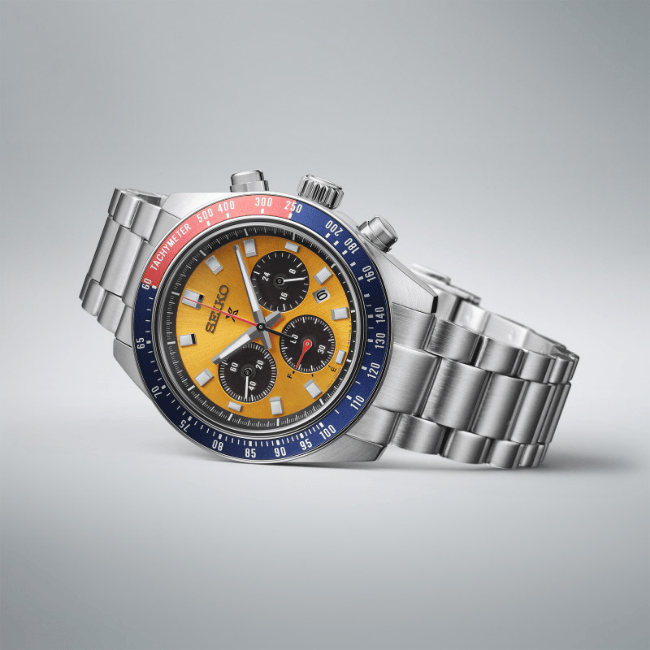 Seiko Prospex SpeedTimer "Pogue" quartz Solar yellow dial steel bracelet 41,4 mm