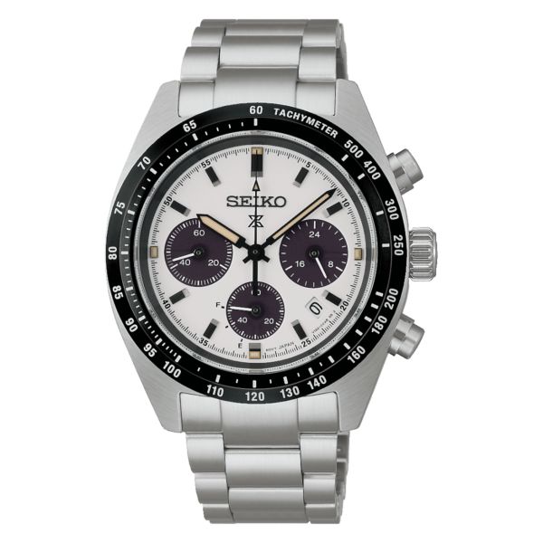 Montre Seiko Prospex SpeedTimer "Youngtimer" solaire cadran blanc bracelet acier 39 mm