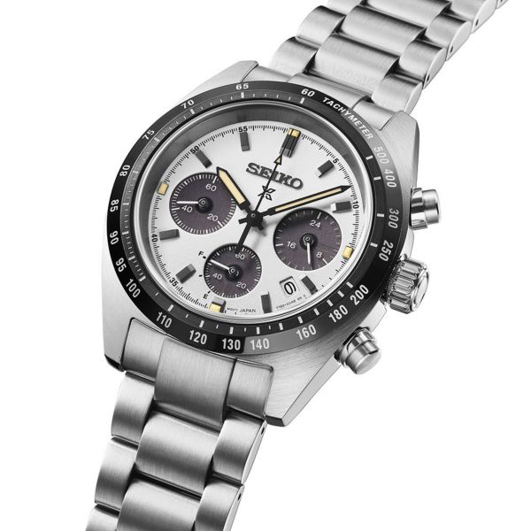 Montre Seiko Prospex SpeedTimer "Youngtimer" solaire cadran blanc bracelet acier 39 mm