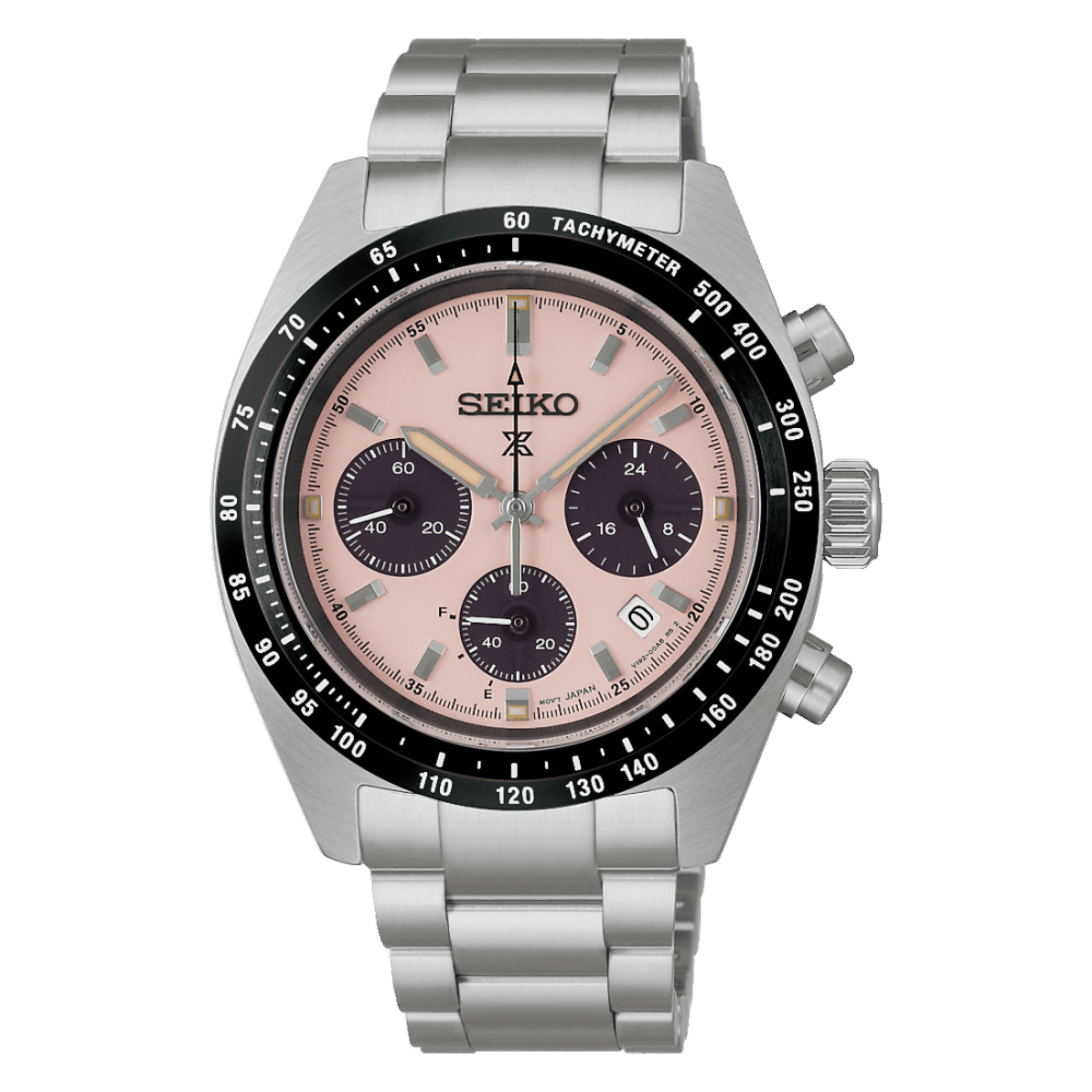 Montre Seiko Prospex SpeedTimer "Youngtimer" solaire cadran rose bracelet acier 39 mm