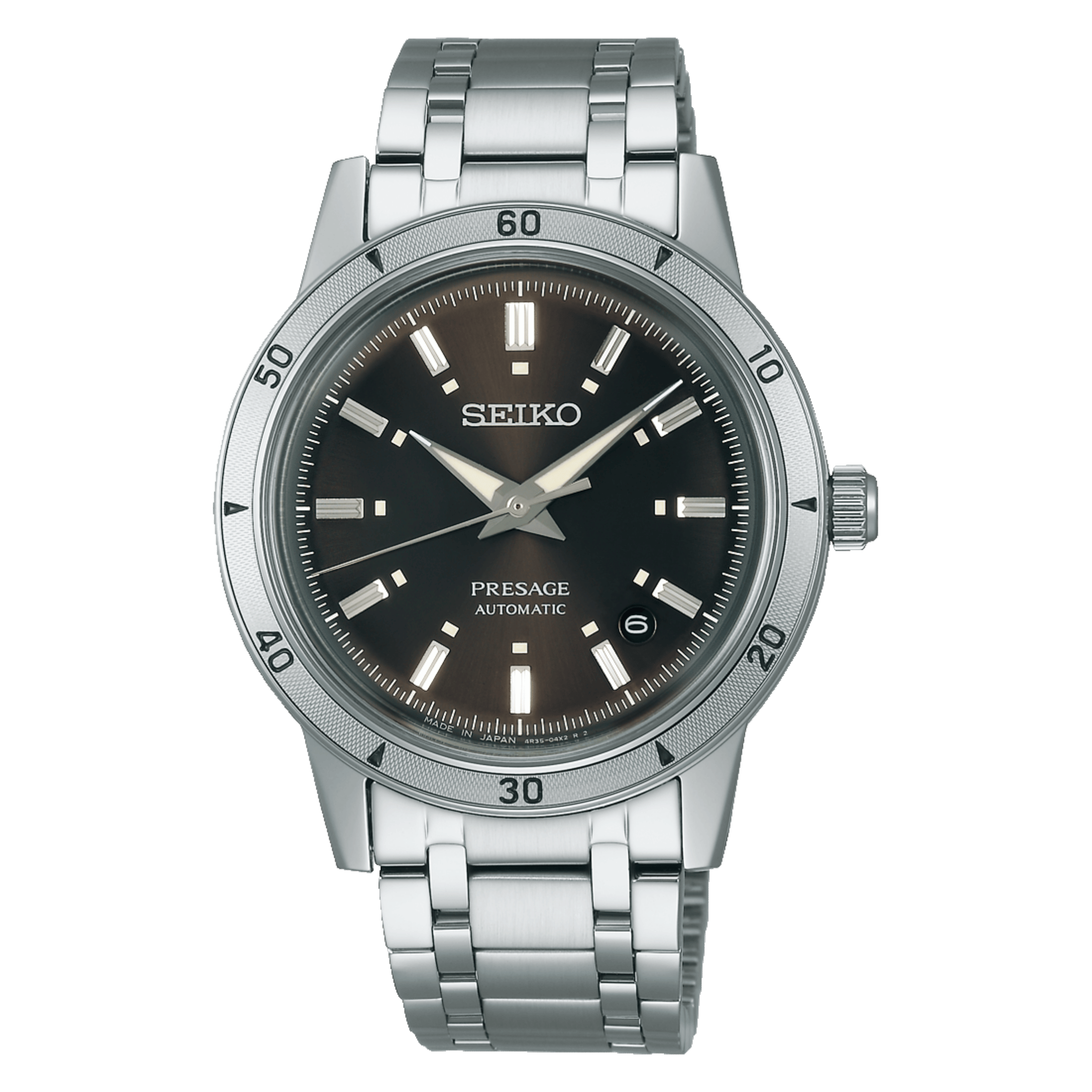 Montre Seiko Presage Style 60s automatique cadran marron bracelet acier 39,5 mm