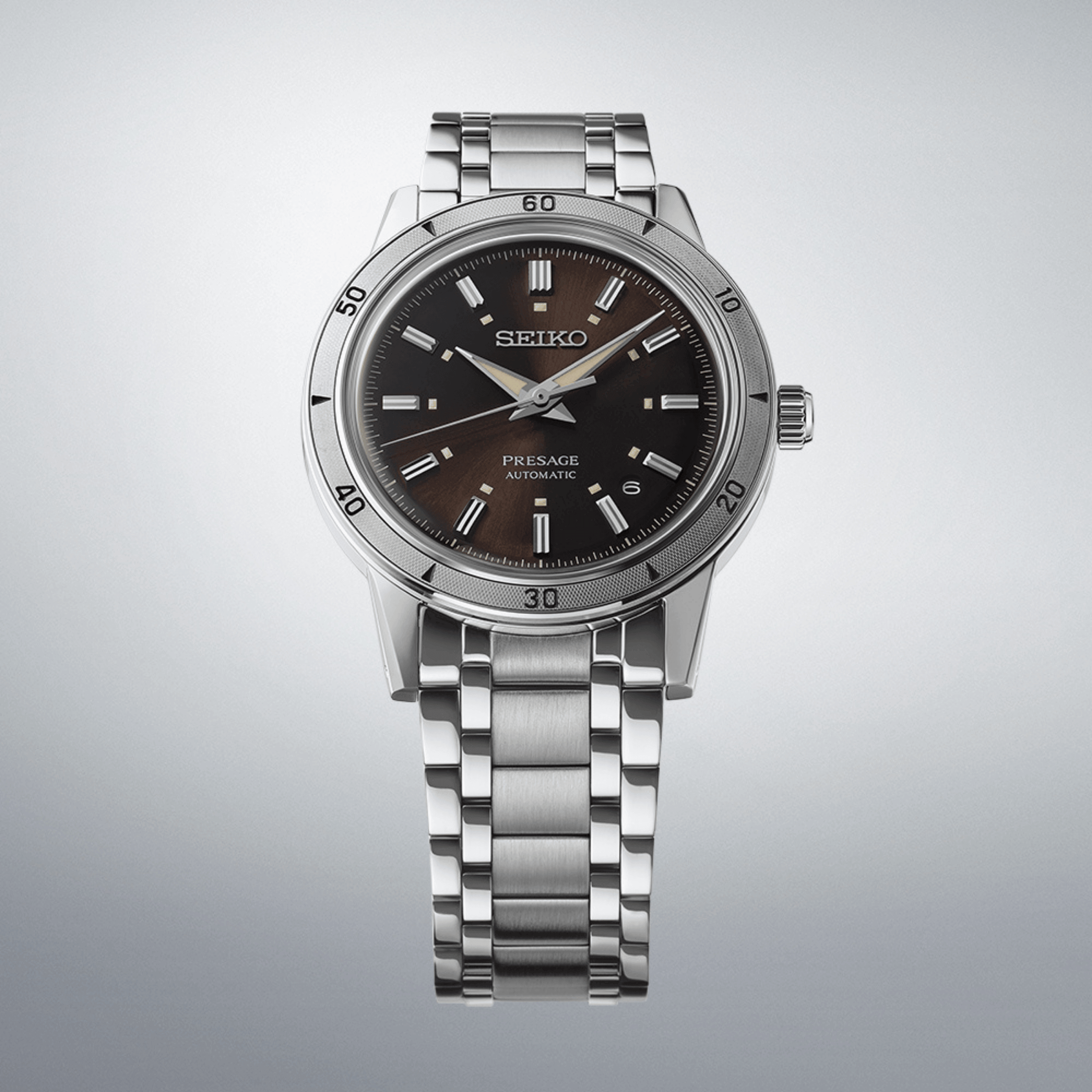 Montre Seiko Presage Style 60s automatique cadran marron bracelet acier 39,5 mm