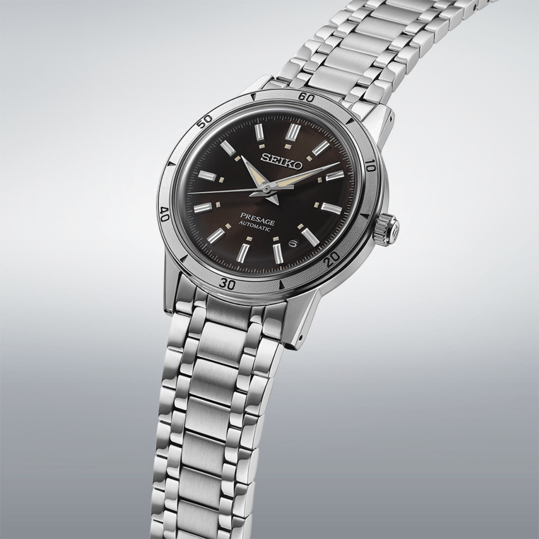 Montre Seiko Presage Style 60s automatique cadran marron bracelet acier 39,5 mm