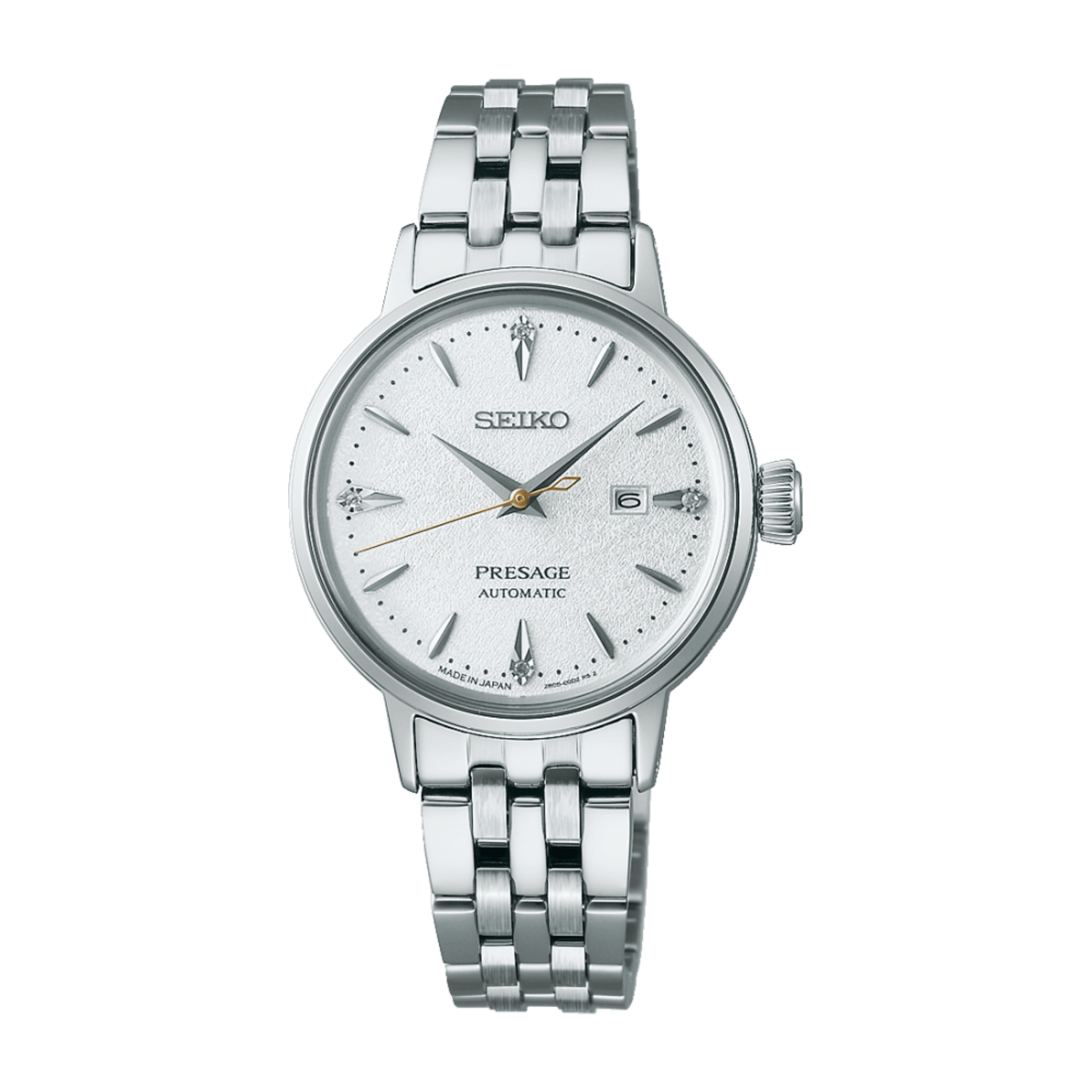 Montre Seiko Presage Cocktail Time "Hot Buttered Rum" automatique cadran blanc diamants bracelet acier 30 mm