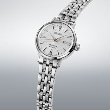 Montre Seiko Presage Cocktail Time "Hot Buttered Rum" automatique cadran blanc diamants bracelet acier 30 mm