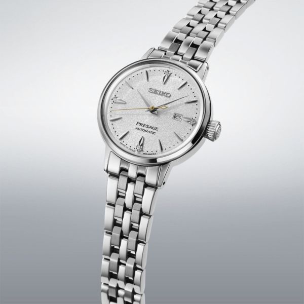 Montre Seiko Presage Cocktail Time "Hot Buttered Rum" automatique cadran blanc diamants bracelet acier 30 mm