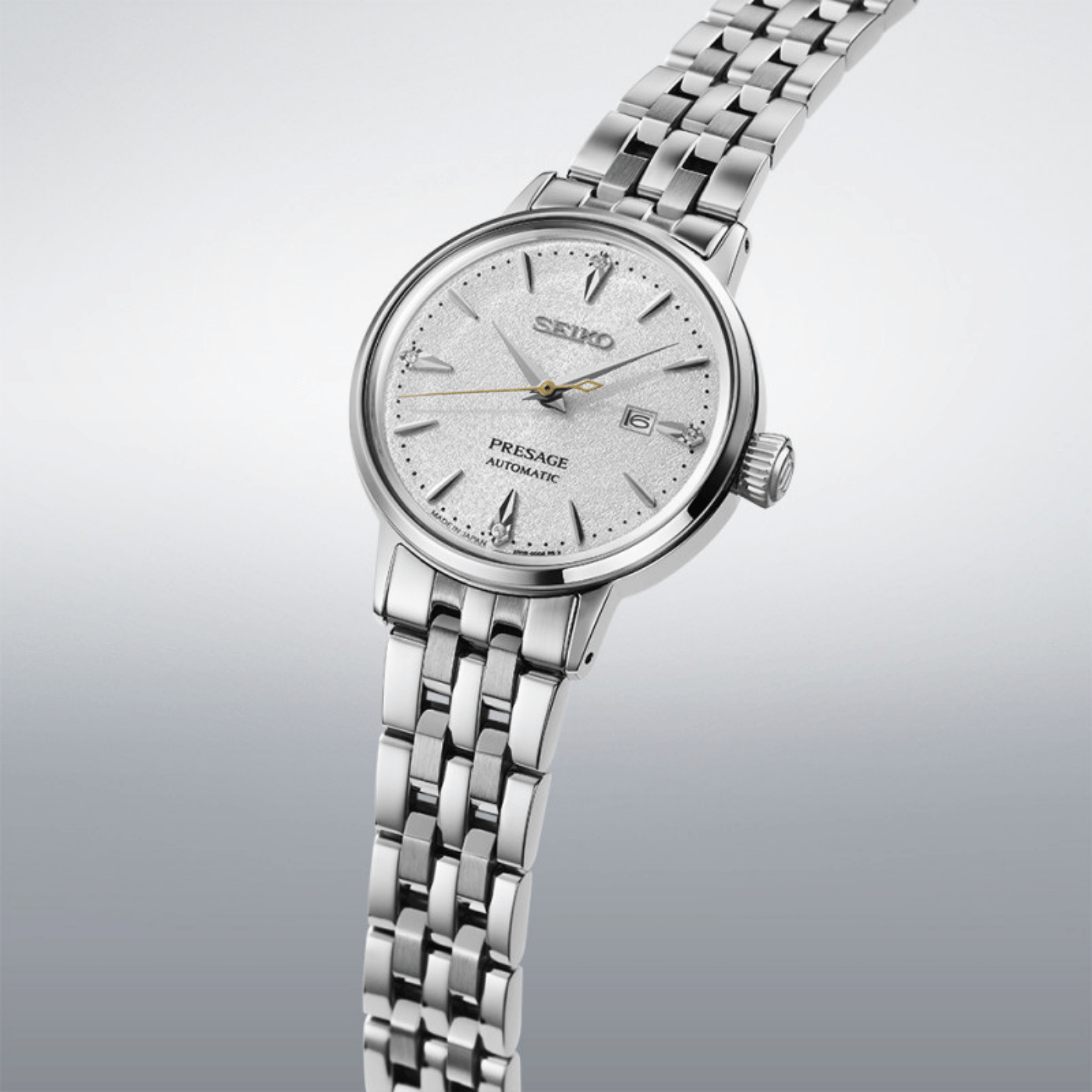Montre Seiko Presage Cocktail Time "Hot Buttered Rum" automatique cadran blanc diamants bracelet acier 30 mm