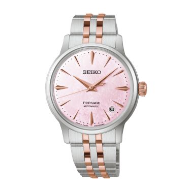 Montre Seiko Presage Cocktail "Sakura Aviation" automatique cadran rose bracelet acier 34 mm