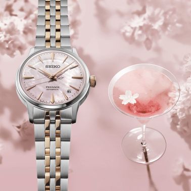 Montre Seiko Presage Cocktail "Sakura Aviation" automatique cadran rose bracelet acier 34 mm