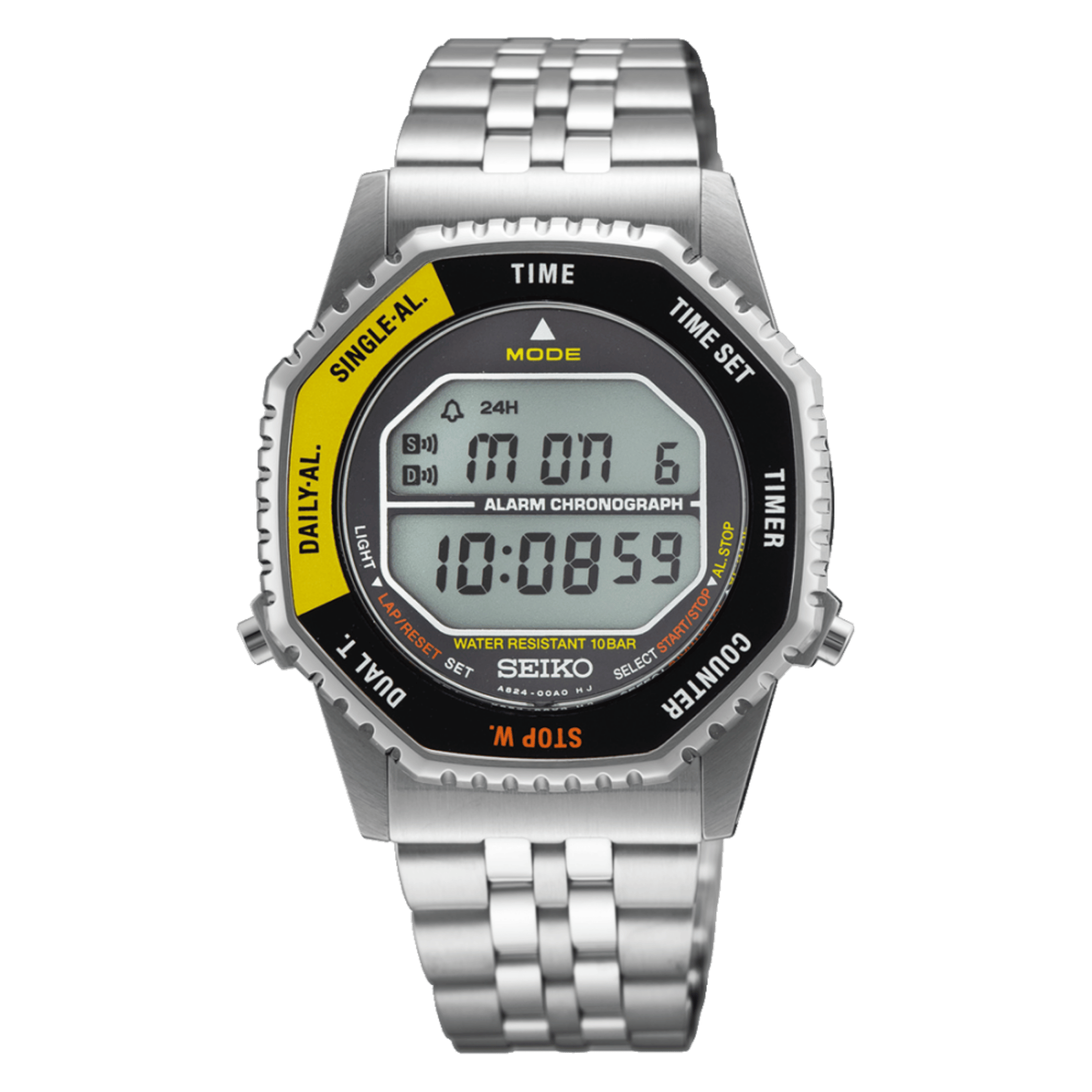 Montre Seiko Rotocall quartz lunette noire et jaune bracelet acier 37 mm