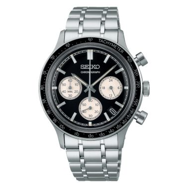 Montre Seiko Sport Chronographe mecaquartz chronographe cadran noir "reverse panda" bracelet acier 38,7 mm