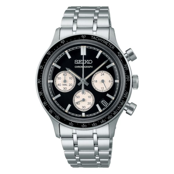 Montre Seiko Sport Chronographe mecaquartz chronographe cadran noir "reverse panda" bracelet acier 38,7 mm
