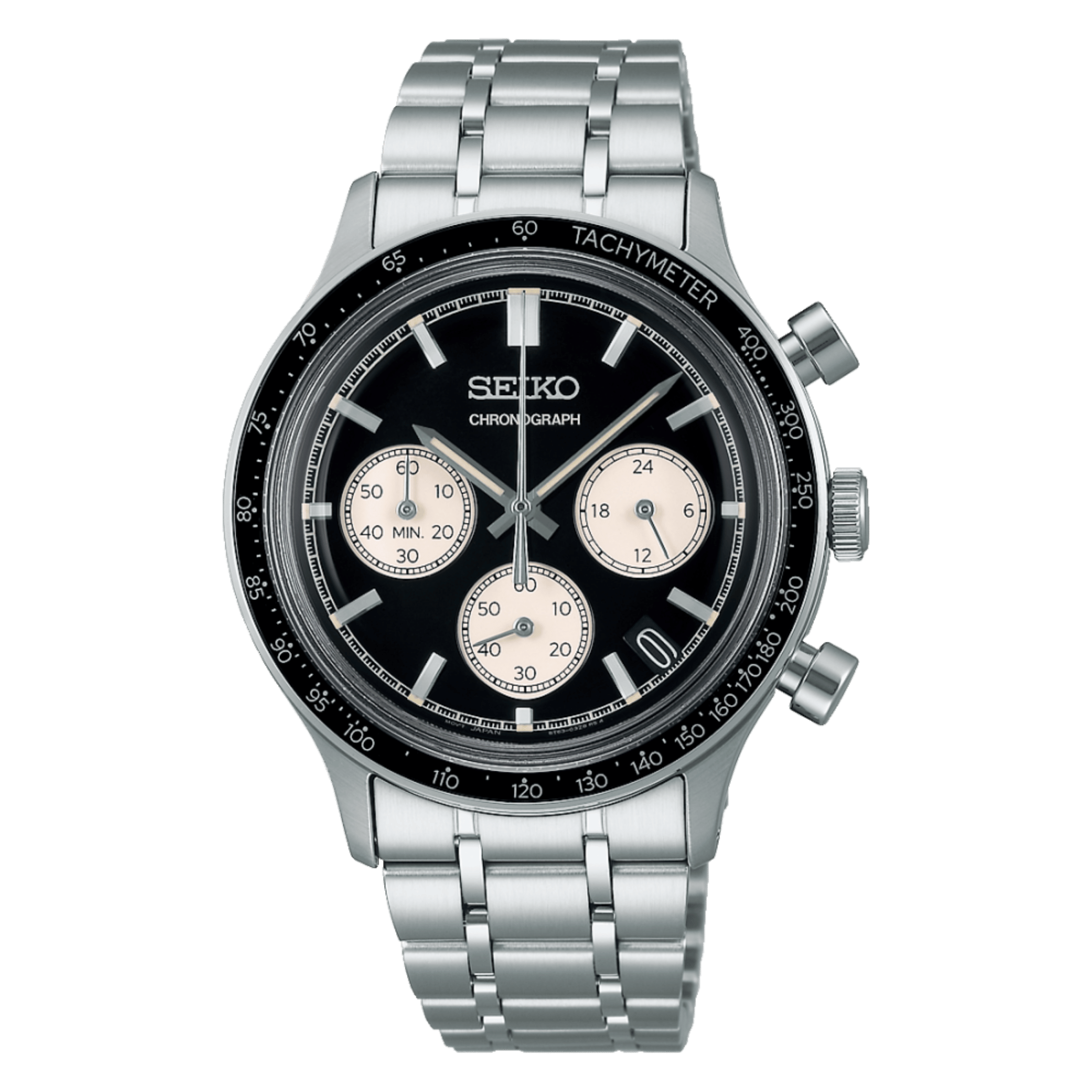 Montre Seiko Sport Chronographe mecaquartz chronographe cadran noir "reverse panda" bracelet acier 38,7 mm