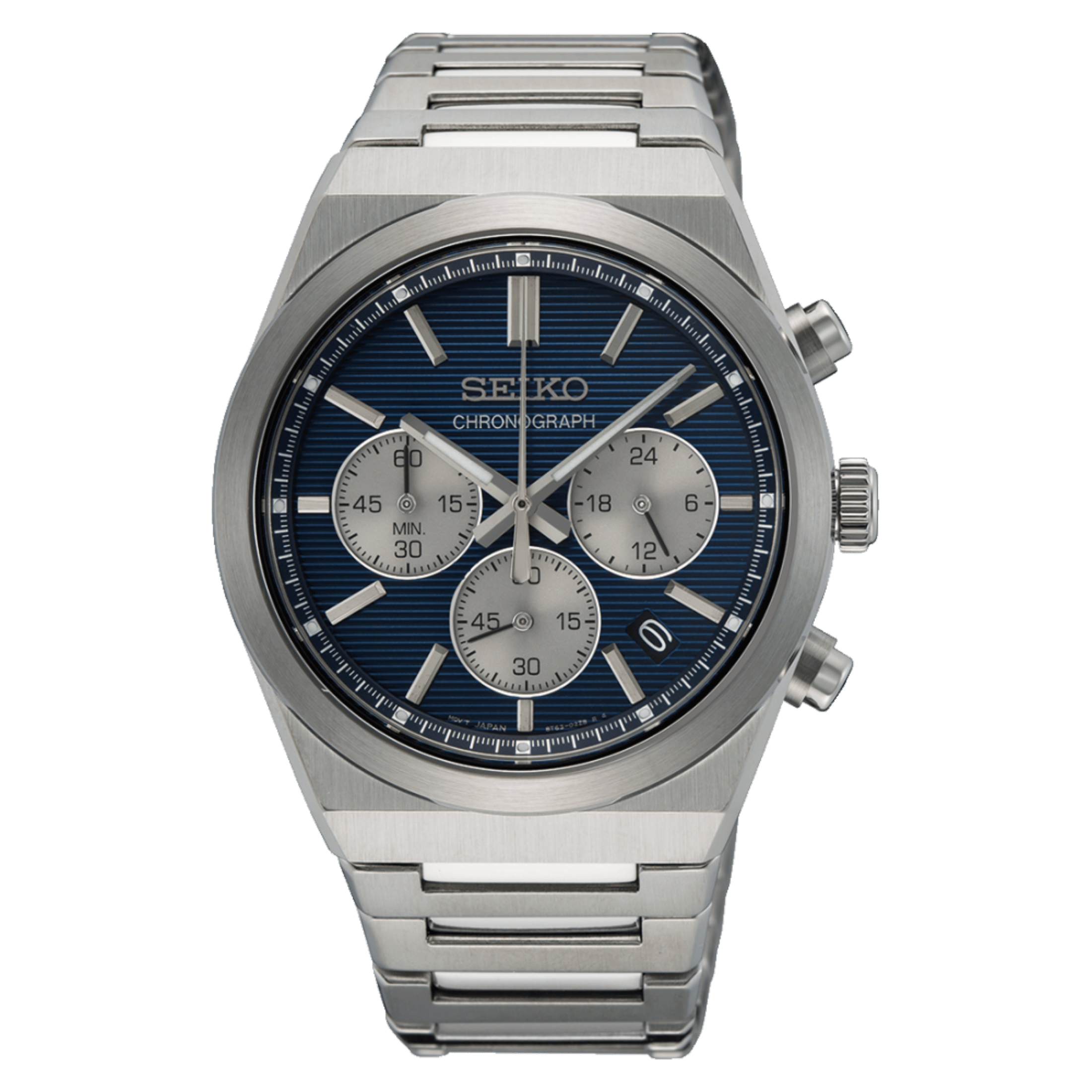 Seiko Sport Chronograph 1970 mecaquartz blue dial steel bracelet 40 mm