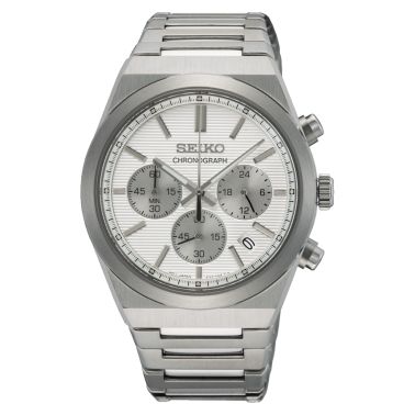 Montre Seiko Sport Chronographe 1970 mecaquartz chronographe cadran blanc bracelet acier 40 mm