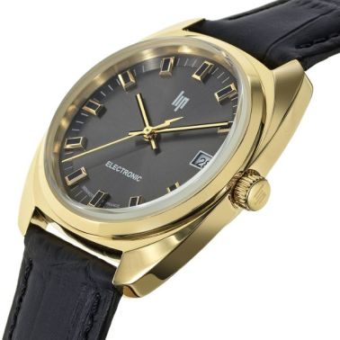 Lip Général De Gaulle quartz steel PVD gold dial black black leather strap 35 mm