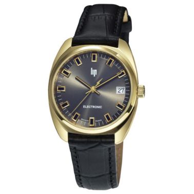 Lip Général De Gaulle quartz steel PVD gold dial black black leather strap 35 mm