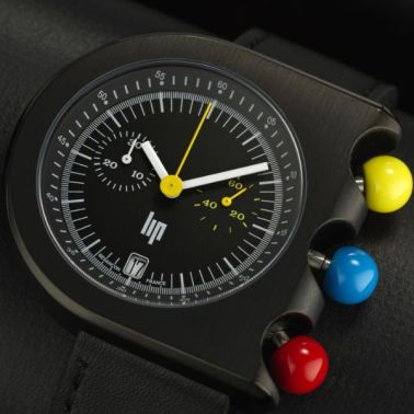 Lip Mach 2000 Quartz Chronograph Watch with Black Dial and Black Leather Strap