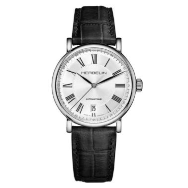 Montre Michel Herbelin Inspiration automatique cadran argenté bracelet cuir noir 38 mm