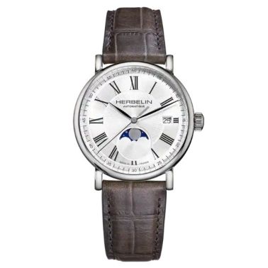 Montre Michel Herbelin Inspiration automatique Phase de lune cadran argenté bracelet cuir marron 38 mm