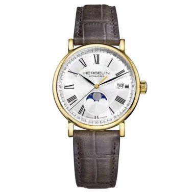 Montre Michel Herbelin Inspiration automatique Phase de lune cadran argenté lunette dorée bracelet cuir marron 38 mm