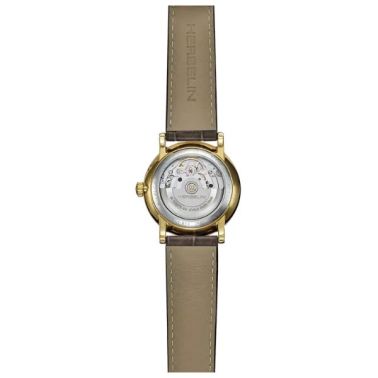Montre Michel Herbelin Inspiration automatique Phase de lune cadran argenté lunette dorée bracelet cuir marron 38 mm
