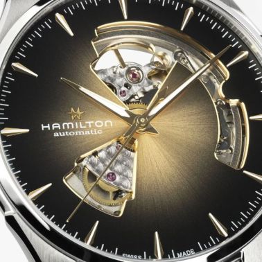 Montre Hamilton Jazzmaster Open Heart Auto cadran doré bracelet cuir brun 40 mm