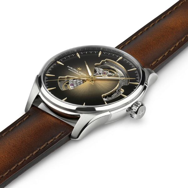 Montre Hamilton Jazzmaster Open Heart Auto cadran doré bracelet cuir brun 40 mm