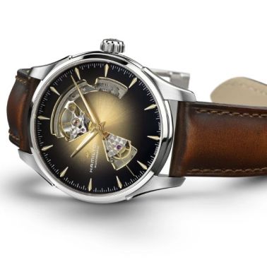 Montre Hamilton Jazzmaster Open Heart Auto cadran doré bracelet cuir brun 40 mm